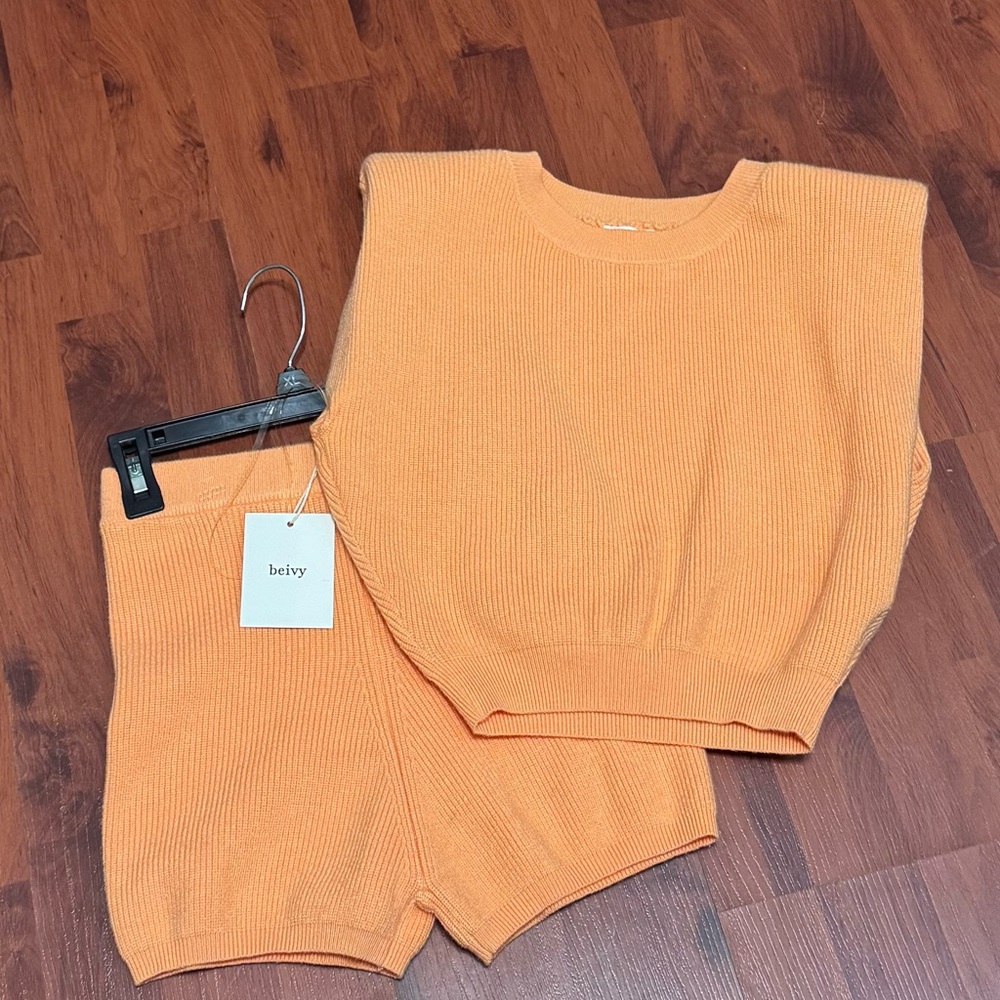 Beivy Orange Knit Sweater and Shorts Set